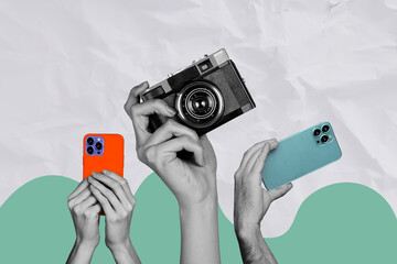 composite collage of black white colors people arms hold smart phone retro photo camera isolated on 
