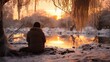 A solitary figure braves the cold, gazing in awe as the fiery sky reflects upon the frozen river, a beautiful contrast of warmth and chill in the serene winter landscape