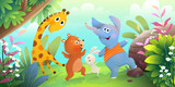 Fototapeta Pokój dzieciecy - Funny animals dancing jumping playing in forest. Jungle cartoon for kids events and children party. Cute hand drawn zoo characters cartoon. Vector illustration in watercolor style for kids.