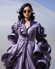 A fashion-forward woman stands gracefully against the vibrant sky, her purple dress accentuating her human face and commanding attention from all who pass by