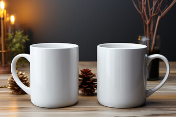 Wall Mural - Two white mugs are on a table with a gray background. mock up 
