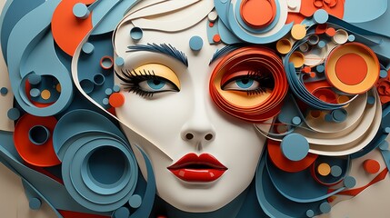 Wall Mural - Vibrant and playful, a woman's face becomes a canvas for a captivating display of artistic expression through colorful circles and bold makeup