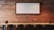Cinematic photo of the brick wall of a restaurant with a frame with a blank paper inside hanging on the wall