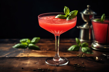 Wall Mural - Watermelon basil gin cocktail with ice close up