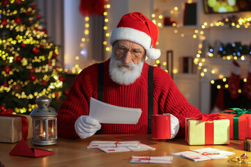 Wall Mural - Santa Claus reading letter and drinking hot beverage at his workplace in room decorated for Christmas