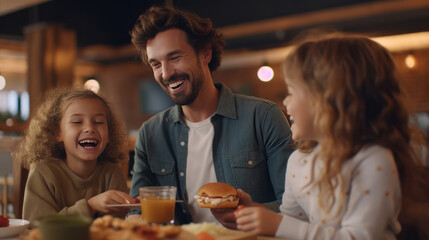 Wall Mural - Happy family eating cheese burger in the restaurant