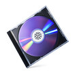 Black plastic disc box case CD DVD jewel with purple rewritable disk isolated. Transparent PNG image.