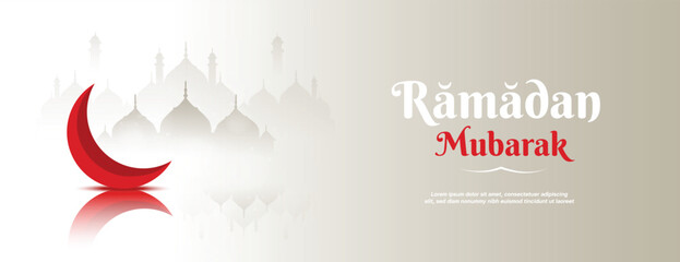 Wall Mural - Happy Ramadan Kareem Mubarak  greeting or wishing card with cream color Islamic mosque Background Social Media banner, poster design vector illustration