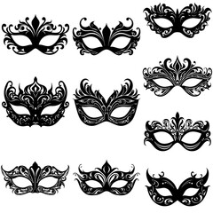 Venetian masquerade mask silhouettes set venice elegant black on white vector isolated