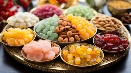 Wall Mural - Chinese desserts, snack mixes, nuts, candies, sweets, sugar, chopped nuts, sesame seeds, shelled beans. ai generative