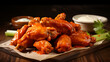 Buffalo wings with melted hot sauce on a wooden table. ai generative