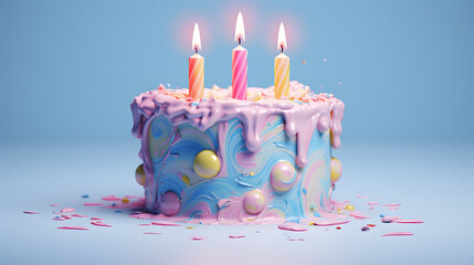 Wall Mural - Colorful birthday cake with candles isolated on blue background