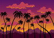 California sunset landscape. Coast wallpaper with black silhouette palm trees. Nature panorama of scenic violet-orange sky, tropical forest and mountains.  illustration