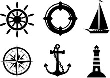 Nautical Sea Ocean Sailing Icons. Compass Anchor Wheel Bell Fish Lighthouse Symbols. Sailing Symbols In High HD Resolution Illustration.