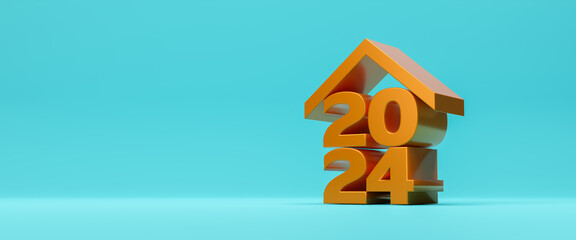 golden house and key icon with 2024 new year number on a yellow background. family budget planning. 