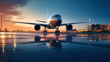 Passenger Plane On The Runway. Airplane Landing Against Sunset Background. Air Passenger Transportation.