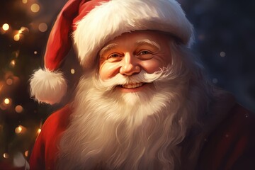 Wall Mural - Artistic portrayal of Santa Claus Smiling, highlighted by falling snowflakes and his classic red attire