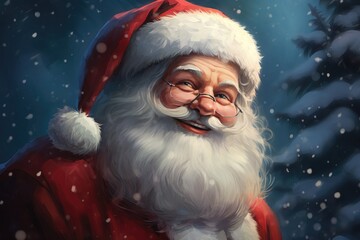 Artistic portrayal of Santa Claus Smiling, highlighted by falling snowflakes and his classic red attire