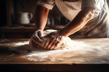 Wall Mural - Man's hands rolling the dough. Bread baking concept photo