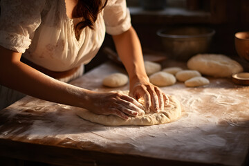 Wall Mural - Man's hands rolling the dough. Bread baking concept photo