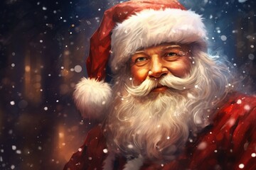 Wall Mural - Artistic portrayal of Santa Claus with a mysterious aura, highlighted by falling snowflakes and his classic red attire.