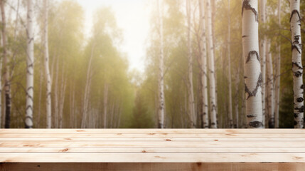 Empty wooden table top for displaying products against birch trees grove blurred in summer