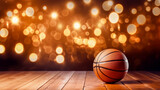 Fototapeta Sport - Basketball Ball On A Empty Wooden Table With A Background Of Bokeh Christmas Lights. Copyspace. Basketball Sport Xmas Backdrop