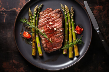 Grilled beef steak with asparagus and herbs on a dark plate, top view