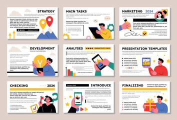 Poster - Report template. Business presentation slides. Marketing portfolio with data work landing or project layout. Development strategy infographic. Businessman tasks. Vector banners set