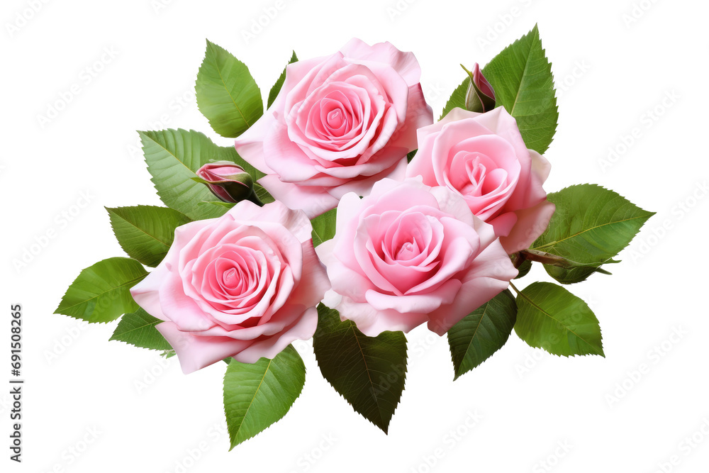Pink rose flowers with green leaves in a floral arrangement isolated on ...