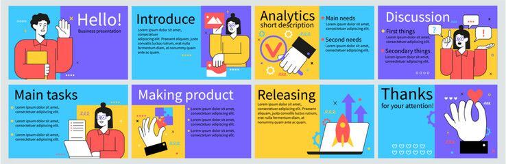 Poster - Report presentation slide. Business cover design. Marketing portfolio. Development strategy. Analysis infographic. UI layout. Analytics and making products. Vector design banners set