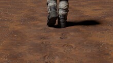 Cosmonaut boots footprints in sand of planet Mars. Astronaut Exploring planet, traveling through solar system, Martian colony. 3d render