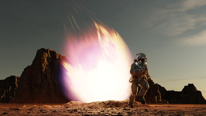 Wall Mural - astronaut escapes from falling comet asteroid, fiery asteroid from outer space crashes into surface 