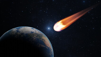 Wall Mural - asteroid, fall of comet to earth, armageddon disaster, danger meteorite. huge fiery comet is flying 