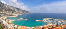 Scenic Panoramic View Of Menton Seashore Promenade And Historic City In French Riviera Cote D Azur