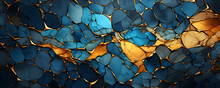 Kintsugi, Illustration Of Cerulean Blue & Tan Marble Texture Background With Wavy Cracked Gold Details 