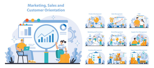 Marketing and Sales set. Comprehensive customer engagement strategies. Cross-functional business operations depicted. Data-driven decision-making illustration. Flat vector illustration.