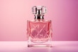 Elegant perfume bottle, pink background. Modern luxury parfum de toilette. The idea of gifts for St.Valentine's day, Birthday, 8-th March
