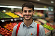 AI generated portrait of nice salesman cashier serving customers in supermarket