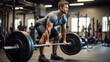 Confident man weightlifter doing weight lifting workout at gym. Male bodybuilders exercising with barbell