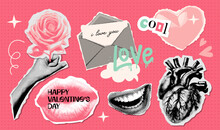 Valentine's Day Halftone Collage Elements Set With Doodles. Dotted Paper Stickers With Rose, Hand, Mouth, Hat, Love Letter For Mixed Media Design. Vintage Vector Illustration