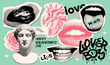 Collage halftone stickers set with mouths, torn paper note, graffiti stroke brushes, doodle elements. Concept of love for Valentine's day. Trendy magazine style, grunge texture, love symbols. Vector
