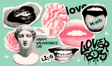Collage Halftone Stickers Set With Mouths, Torn Paper Note, Graffiti Stroke Brushes, Doodle Elements. Concept Of Love For Valentine's Day. Trendy Magazine Style, Grunge Texture, Love Symbols. Vector