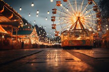 Carnival Amusement Park With Rides That Are Lit Up With Colored Lights. Blurred Fun Bright And Colorful Background. Summer Fair At Night. Ferris Wheel With Bright Colors.
