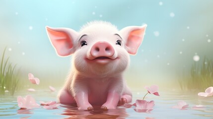 Wall Mural - A little pig is sitting in the water