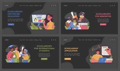 Scholarship diversity set. People of various ethnicities and ages getting financial aid. Empowering education for minorities, online learners and global students. Accessible academic funding.