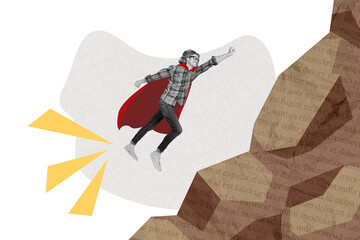 Canvas Print - Photo artwork magazine collage picture of purposeful super man wear red cape flying up to achieve goals isolated on gray background