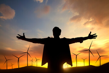Wall Mural - humans are happy with modern energy technology. wind turbines are alternative electricity sources, a