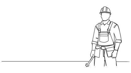 Wall Mural - animated continuous single line drawing of construction worker wearing hard hat and holding wrench, line art animation