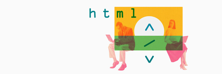Young man and woman, programmer working on laptop, writing html code for website creation. Contemporary art collage. Concept of IT profession, programming, business, modern technologies